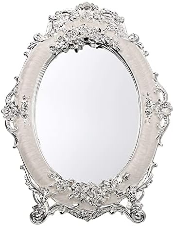 JUXYES Small Tabletop Dressing Mirror Vintage Metal Desktop Mirror with Stand, Antique Embossed Roses Countertop Makeup Mirror Retro Oval Cosmetic Decorative Mirrors for Table Centerpieces