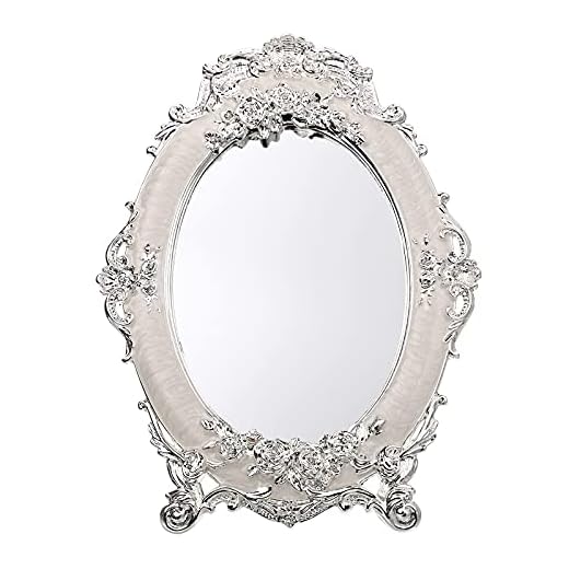 JUXYES Small Tabletop Dressing Mirror Vintage Metal Desktop Mirror with Stand, Antique Embossed Roses Countertop Makeup Mirror Retro Oval Cosmetic Decorative Mirrors for Table Centerpieces