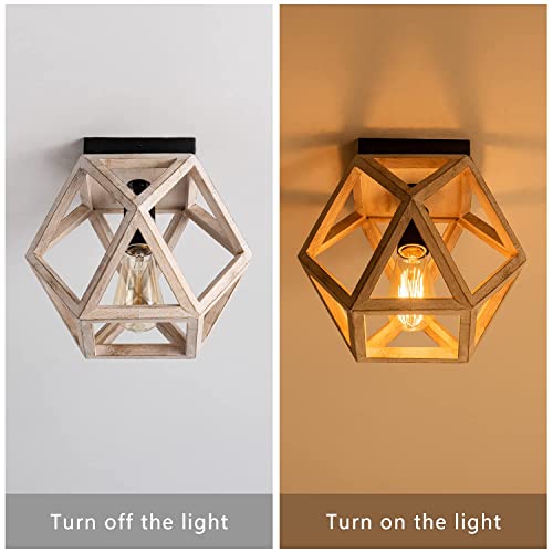 Wooden Flush Mount Ceiling Light, Vintage Farmhouse Close To Ceiling Lighting Fixture, Rustic Mini Wood Geometric Cage Ceiling Lamp For Entryway Hallway Kitchen Island Dining Room Laundry Bedroom #TOP5