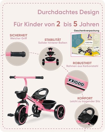 KRIDDO Dreirad ab 2 Jahre, Dreirad für Kinder von 24 Monate bis 5 Jahre, Kinderdreirad Lauflernhilfe, Geschenk für Kleinkinder von 2-4 Jahren, Dreiräder, Rosa