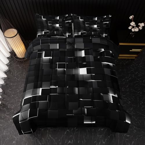 Image of Nttopship Neon White Black Comforter Set Full Geometric Kids Bedding Set,3 PCS Geometry Honeycomb Bed Set Modern Quilt Set 1 Comforter 2 Pillow Cases Cool Room Decor All Season B-Side Black