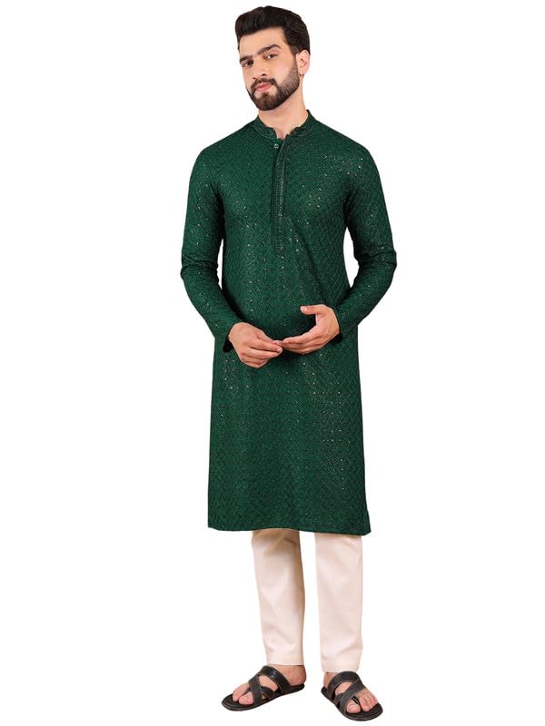 Ethnic Bay Men's Viscose Solid Embroidered Long Regular Kurta | Men's Kurta | Embroidered Chikankari Kurta for Men | Straight Fit Kurta for Men