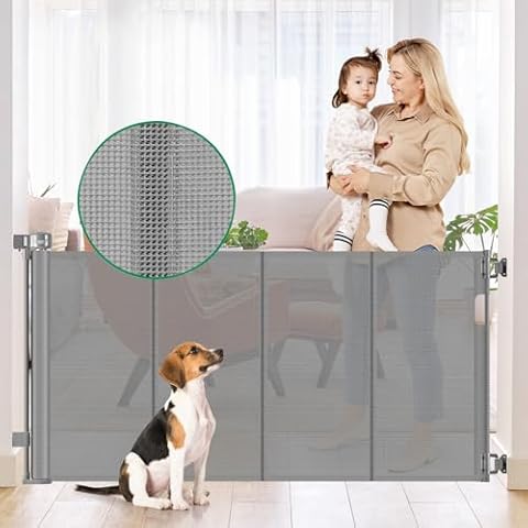 Reinforced 56" Wide Retractable Dog Gate for Stairs, Retractable Baby Gates with Support Rods - Bottom Anti-Escape, Indoor Long Baby Gate Outdoor Gates for Decks, Child Gates for Doorways/Patios, Gray Cover