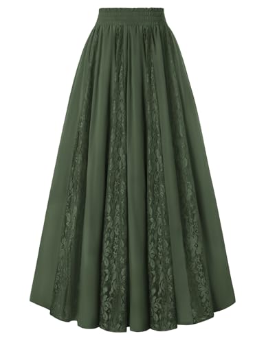 Image of SCARLET DARKNESS Women Long Skirt Elastic Waist Casual Lace Maxi Skirt Cottagecore Boho Summer Skirts Plus Size Olive Green XXL