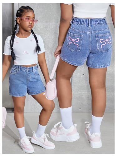 MakeMeChic Girl's Jorts Denim Shorts Bow Embroidery Straight Leg Bermuda Jean Shorts with Pockets