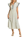 Vestido Midi de Verano a Rayas Casual para Mujer con Escote en V, Volantes, Mangas Cortas, Cintura Imperio, 2026, Hombros Largos para Vestido de Playa Ondulado con (Verde,XL)