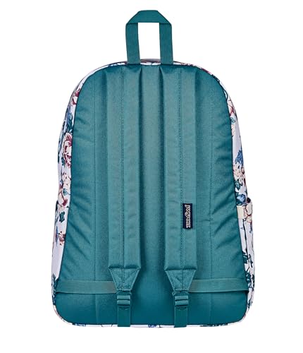 Image of JanSport SuperBreak Plus Backpack with Padded 15-inch Laptop Sleeve and Integrated Bottle Pocket - Spacious and Durable Daypack for Work and Travel, Rustic Roses Moon Flower /Blu /Pnk /Grn