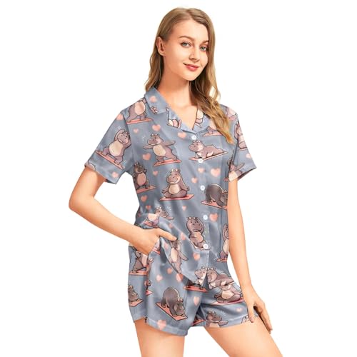Image of Funny Pajamas for Women Set Print Satin Loungewear Pjs Short Sleeve Button Down Top and Shorts Sets Sleepwear XS-3XL