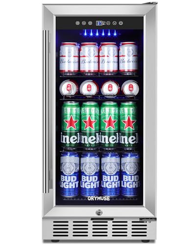 Image of ORYMUSE 15 Inch Beverage Refrigerator, 130 Can Capacity Under Counter Fridge with Lock & Glass Door, Quiet Built-in or Freestanding Beer Cooler, Powerful Compressor for Fast Cooling