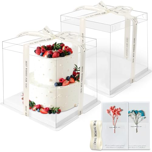 LONHCHI 2 Stück Tortenschachtel(30 * 30 * 25cm) Tortenkarton Tortenbox Cake Box Transparent Torten Transportboxen Geschenkbox Durchsichtig mit Sockel Band und ewige Blumen für Geburtstag Dessert