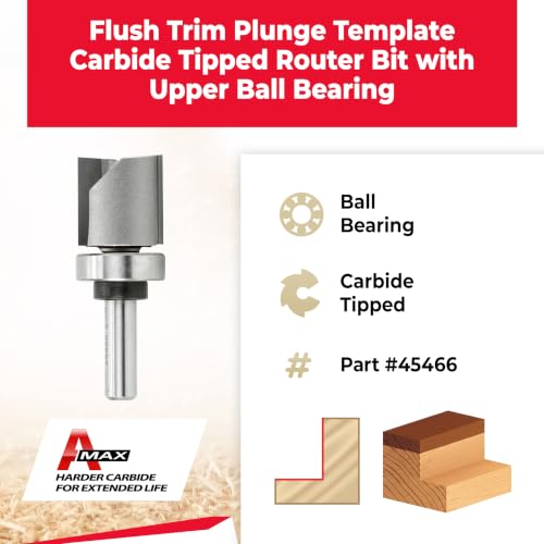 Image of Amana Tool 45466 Carbide Tipped Flush Trim Plunge Template Router Bit 1 Inch Dia x 1 Inch x 3 /8 Shank with Upper Ball Bearing