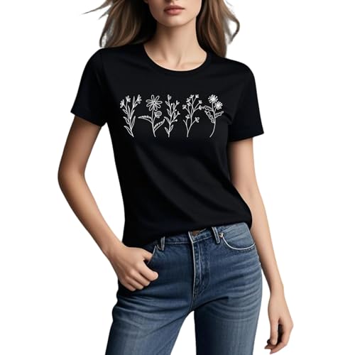 MIMOORN Women Floral Tee Summer Flower Casual Short Sleeve Wildflower Graphic T Shirt Black Large