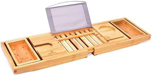 Extendable Bamboo Bathtub Caddy Tray, with Wine Glass Holder, Tablet Stand, Phone Slot, Suitable for Luxury Spa or Reading
