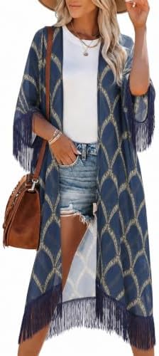 Bestshe Women's Floral Kimono Cardigan Navy Blue