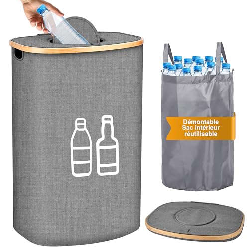 IEEILULU Poubelle Recyclage avec Couvercle, 110L Collecteur de Bouteilles Consignées, Poubelle tri Selectif avec Sacs de Transport, Rangement Bouteille Cuisine, pour Plastique Verre (Gris, 110L)