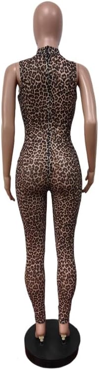 Molilove Women's Sexy Cheetah Print Jumpsuits Mesh See Through Hollow Out Top Bodycon Pant Romper Y2K One Piece Outfits - Image 5