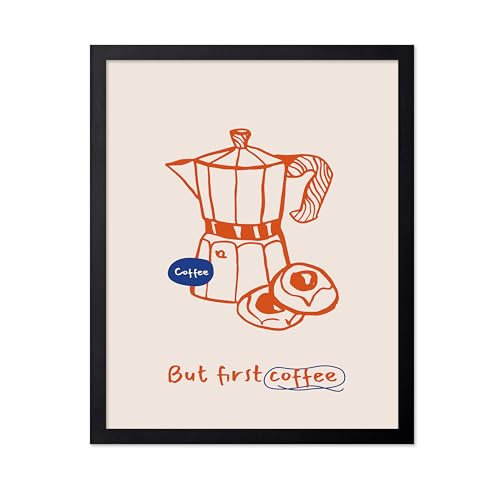 Poster Master But First Coffee Poster - Retro Coffee Print - Cafe Art - Sketch Drawing - Coffee Pot Illustration - Food & Drink Design - Great Coffee Shop or Kitchen Decor, 16x20 Black Frame