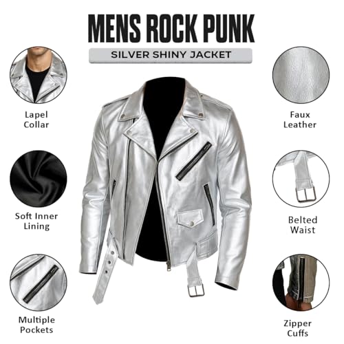 Mens Shiny Silver Brando Style Leather Motorcycle Jacket Slim-Fit Belted Moto Biker Retro Racer Jacket2