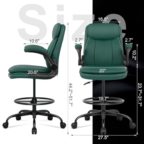 Image of Misolant Drafting Chair, Tall Office Chair for Standing Desk, High Leather Executive Office Chair with Adjustable Height and Flip-up Armrest for Counter Height Desk Green