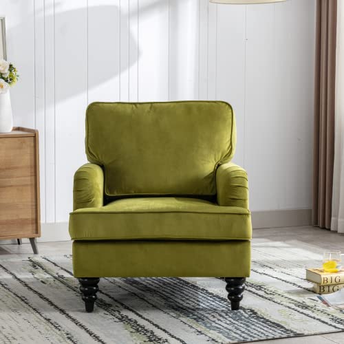 Chairus Mid-Century Modern Accent Chair Living Room Chair Velvet Arm Chair Comfy Upholstered Single Sofa Chair For Lounge/Bedroom/Office, Olive Green #TOP2