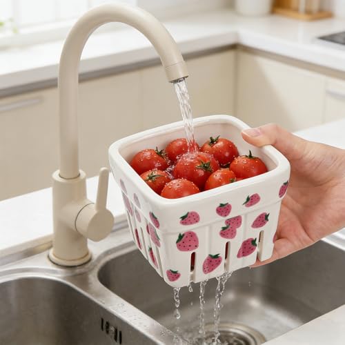 Image of Pumtus 4 Pack Ceramic Berry Baskets, 4.7 inch Square Fruit Bowl with Holes & Pads, Pink White Fridge Berry Container, Decorative Strawberry Grape Cherry Colander, Fruit Crate Holder for Gift Kitchen