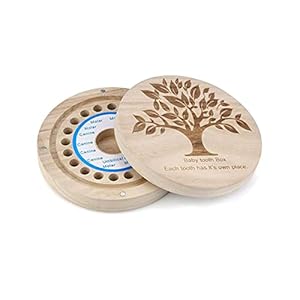 Baby Tand Box, Rond Tand Keepsake Box Baby Save Melk Tanden Houten Opbergdoos, Kids Shower & Verjaardagscadeau (5 x 5…