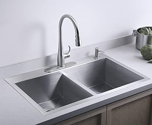 Image of COOTER Handmade Kitchen Sink 37x18x10 Inch 304 Grade Double Bowl Premium Stainless Steel Sink with Tap Hole, Matt Finish Integrated Waste Coupling, Drain Basket & Hose Pipe