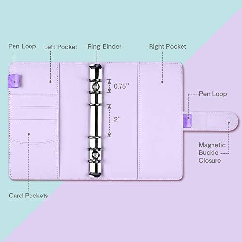 A6 PU Leather Ring Binder Notebook, 6 Round Rings Refillable Notebook Binder 14pcs Plastic Zippered Envelopes Pockets, Travel Writing Notebook Diary Binder with Label Stickers-Purple