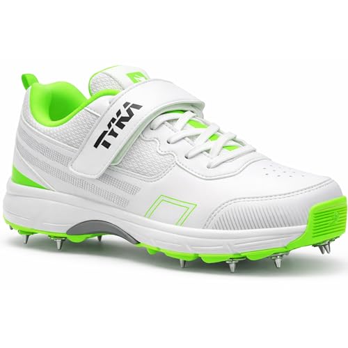 Image of TYKA Cricket Shoes Spikes for Junior | Synthetic PU Upper | Genuine Rubber and Phylon Sole | Lace Closure | Field Sports Shoes | Grip Support | Practice & Match Play