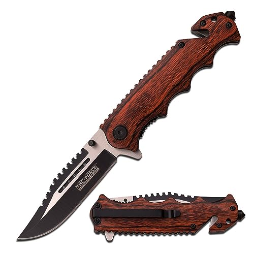 Tac-Force Folding Pocket Knife – Black and Satin Finish Stainless Steel Blade, Brown Wood Handle with Rope Cutter, Glass Punch, Tactical, EDC, Rescue - TF-809WD