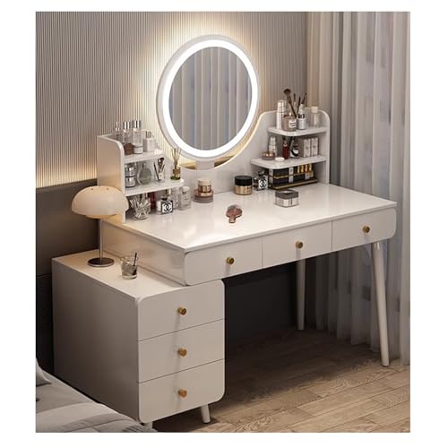 Tocador con luz LED con iluminación ajustable, 6 cajones y 1 armario lateral, 6 compartimentos abiertos, almacenamiento de maquillaje para dormitorio, elegante mesa de tocador blanca de 100 x 40 x 134
