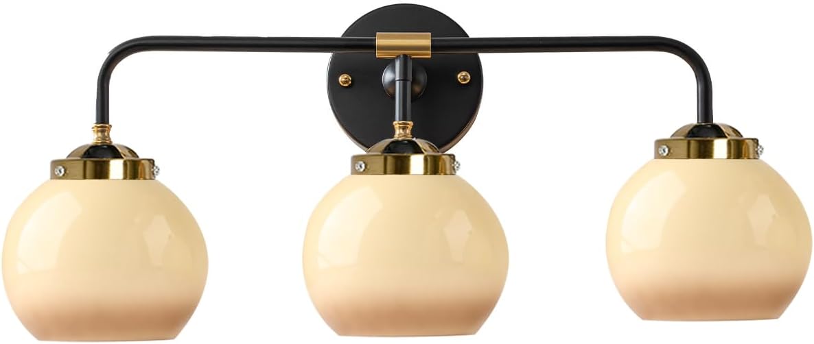 mid Century Vanity Light 3 Light Bathroom Wall Light Fixture Glass wall Sconce lamp Globe Glass Shade Vintage Black Gold wall Lights for Over Mirror Living Room Bedroom Hallway