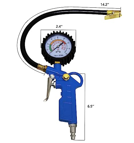 Auto Tire Inflator with Pressure Gauge 220 PSI Dial Wheel Inflator Gage Compressor Accessories Heavy Duty with Rubber Hose and Quick Connect Plug for RV Car Motorcycle for Men