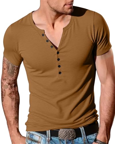 YTD Mens Casual Slim Fit Basic Henley Short Sleeve Fashion Summer T-Shirt XL Barley