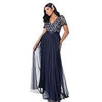 Maya Deluxe Damen Women’s Maxi Ladies V-neck Plus Size Ball Gown Short Sleeves Long Elegant Empire Wa Bridesmaid Dress, Navy, 48 EU
