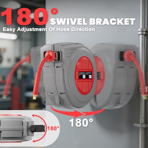 3/8\" Retractable Air Hose Reel,6.5Ft Hybrid Hose, UP 300 PSI Max Pressure, Air Compressor Hose Reel Tool Auto Rewind with 180° Swivel Mounting Kit for Garage, Workshop Ceiling/Wall Mount