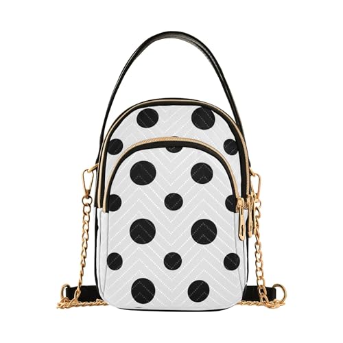 Women Shoulder Handbag Artistic Chain Strap Cell Phone Handbag Quilted Crossbody Clutch Zipper Tote Black Polka Dots White