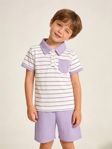 Image of Toddler Kid Boy Clothes Textured Striped Polo Collar Top Summer Shorts 2PC Summer Outfit Set