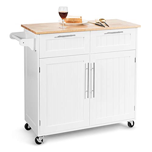 COSTWAY Carrito de Cocina, Carro de Cocina Giratorio con Cajones de Almacenamiento y Grandes Armarios, Carro de Servir, 4 Ruedas Universales y Toallero, 94 x 45 x 94,5cm (Blanco)