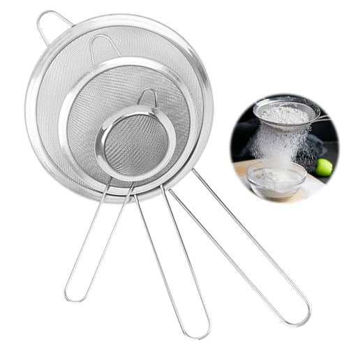 UKOFEW 3 Pièces Passoire Inox,7/12/16cm Métal Tamis Cuisine,Tamis Maille Fine avec Poignée,Passoire Cuisine,Filtre pour Pâtisserie,Égoutter Poudre, Pates, Légumes, Quinoa, Nouille, Riz