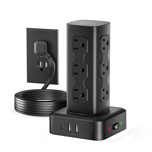 Power Strip Tower Surge Protector(2000J), Flat Plug Charging Station Tower with 12 AC Outlets & 4 USB Ports(2 USB C), 6FT Extension Cord for Home Office Dorm, Black