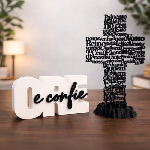 Kit Decoração Religiosa Ore e Confie + Cruz Pai Nosso – Enfeite D...