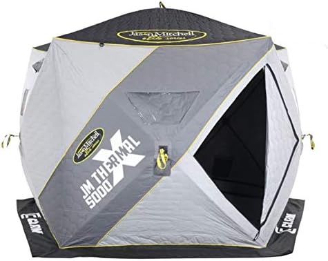 CLAM 14471 Portable 4 to 6 Person 9 Foot Jason Mitchell X5000 Ice Fishing Angler Thermal Hub Shelter Tent with Anchors, Tie Ropes, and Carrying Bag