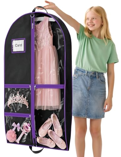 Costume Garment Bags for Dancers Garment Bags with 3 Clear Zipper Pockets Clothes Covers Protector Bags for Suits Travel & Sports Jersey Cheer Uniform Cosplay (Purple 1 Pack (40inches))