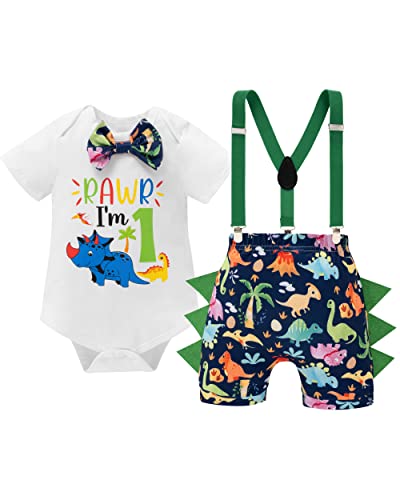 Kewlent Dinosaur Baby Boy Cake Smash 1st Birthday Outfit Little Dino Bloomers Short Set For Photo Shoot (Green01,12-18 Months)