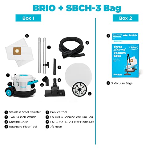 Simplicity Brio Dry Canister Vacuum And Vacuum Bag Set Bundle, Heavy Duty Vacuum Cleaner For Hardwood And Tile, Rugs And More With Extra Vacuum Bag Set #TOP1
