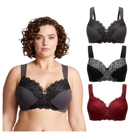 Curve Muse Übergröße Ungefüttert Minimizer Drahtloser BH mit Stickspitze - 3er Pack-Burgund,schwarz,grau-75E