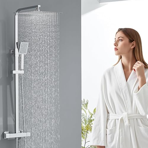 Auralum Colonne de Douche Chromé Thermostatique avec Mitigeur en Laiton, Ciel de Douche 30x30cm, Pompe à Main Carrée, Réglable en Hauteur - Kit Complet Salle de Bain