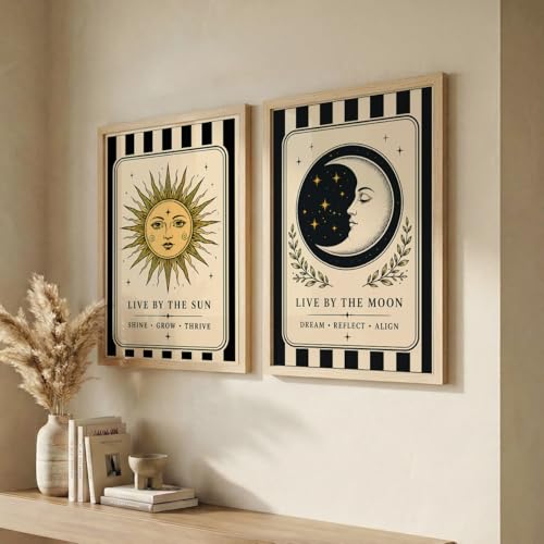 Image of NoWorries Sun & Moon Wall Art Set of 2, Celestial Boho Decor, Vintage Tarot Inspired Prints, Spiritual Wall Decor for Bedroom, Living Room & Meditation Space (Art-15, 13x19inch)