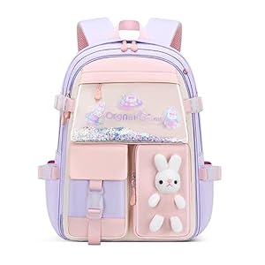 Kawaii Bunny Girls Preschool Backpacks Elementary School Bags Bookbags with Refrigerator Front Pocket, Purple-Small